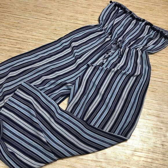 1209 Promesa strapless jumpsuit pom-pom blue stripe sz S - Picture 1 of 2